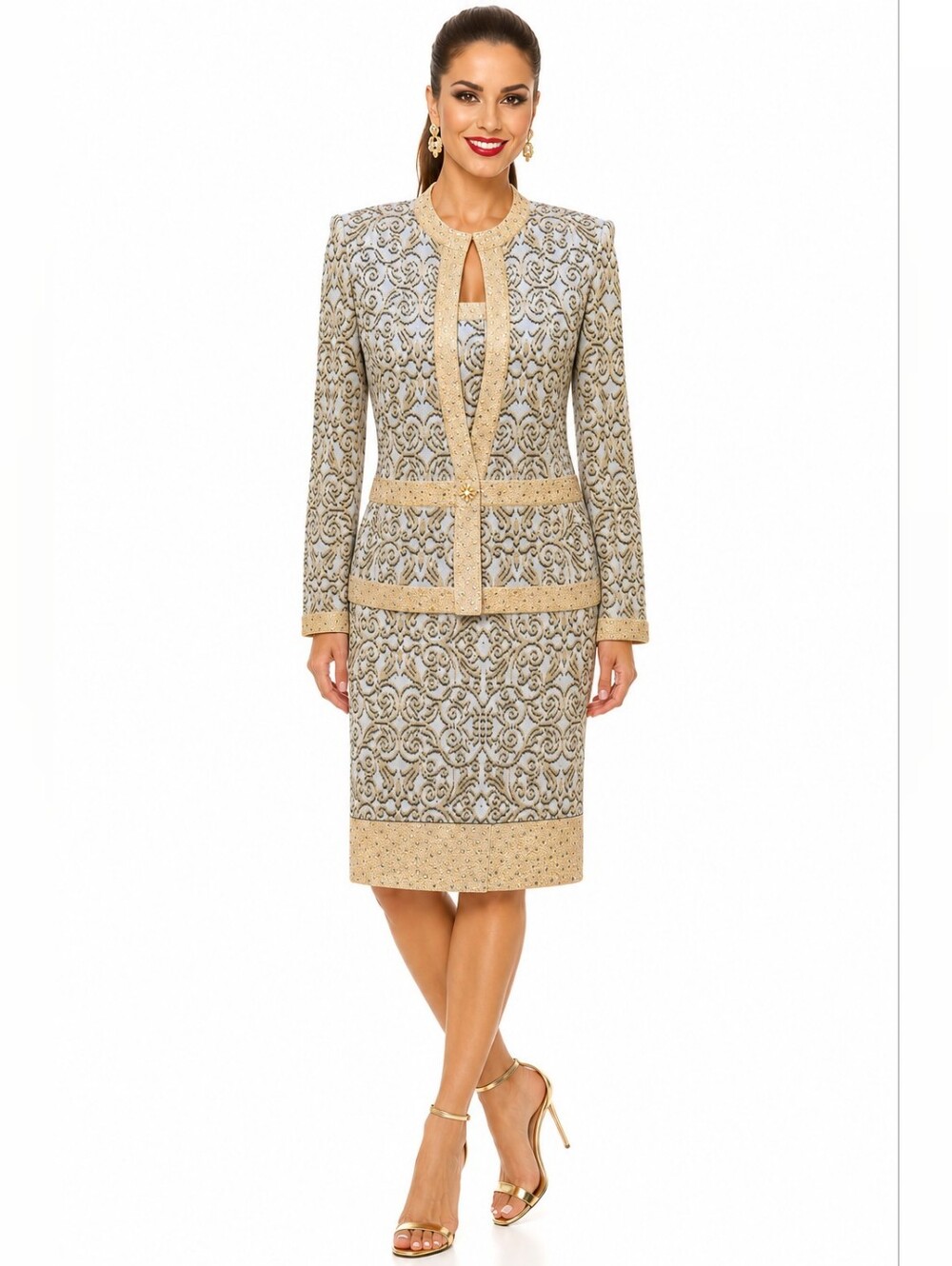 St John Evening Marie Gray 3 Pc Knit Jacket Top Skirt Gold Embellished Sz 4/6